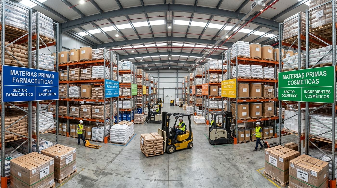 Interior del almacén de Arte y Estrategia Química con estanterías de materias primas farmacéuticas, cosméticas e industriales y montacargas en operación